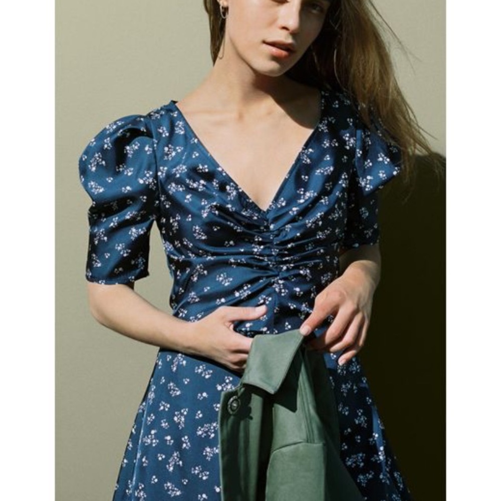 Ciao Lucia Blue Tatiana Navy Blue Floral Printed Silk Mini Dress Size XS